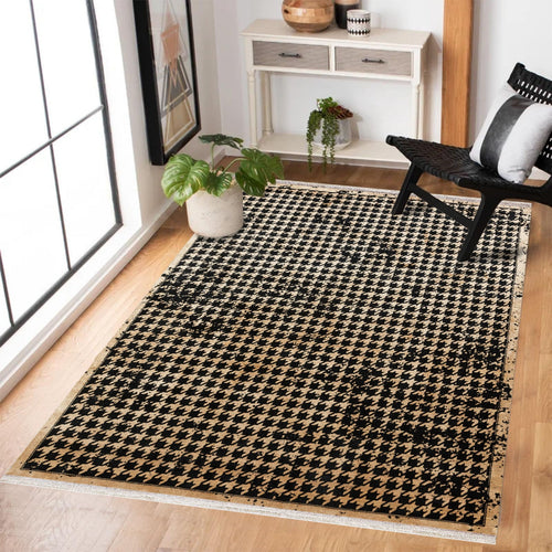 Siyah Kazayağı Modern Etnik Desenli Halı  | Makinada Yıkanabilir | Hav Toz Vermez | Leke Tutmayan | Kaymaz Taban | Dijital Makine Baskı | Salon Yolluk Mutfak Halısı