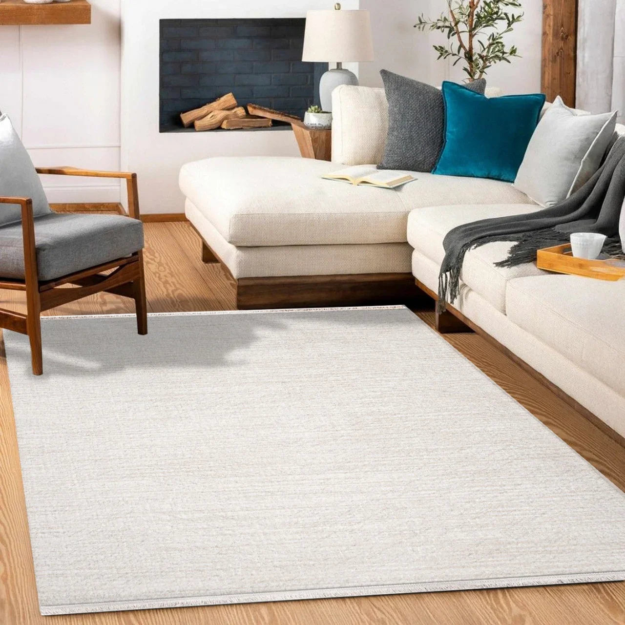 Krem Düz Minimalist Halı - Yıkanabilir - Kaymaz Taban - Pati Dostu
