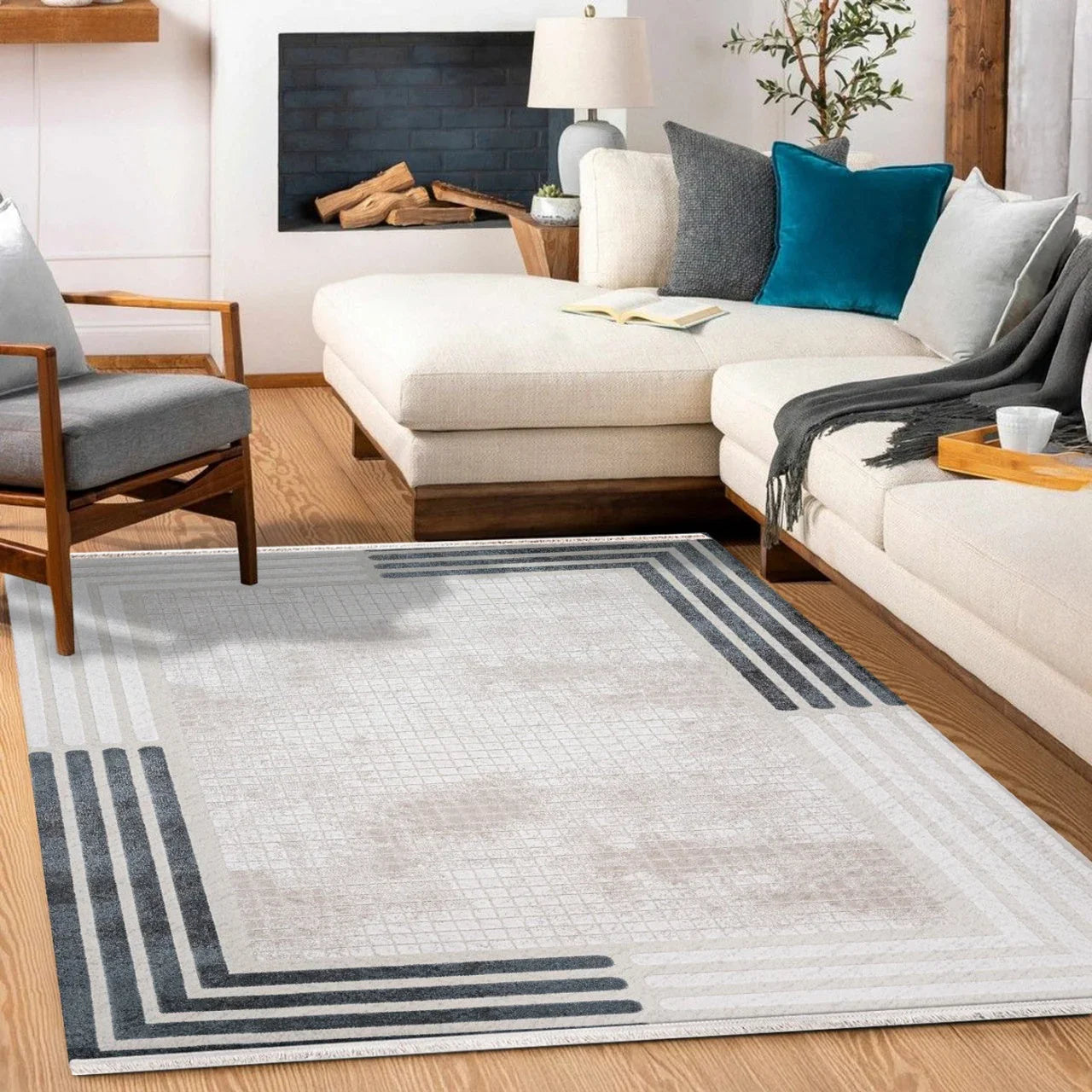 Antrasit Bej Blok Desenli Minimalist Halı - Yıkanabilir - Kaymaz Taban - Pati Dostu