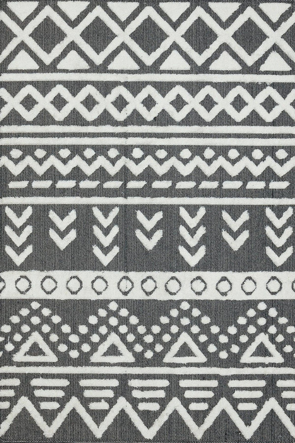 Beyaz Gri Etnik Geometrik Halı - Yıkanabilir - Kaymaz Taban - Pati Dostu