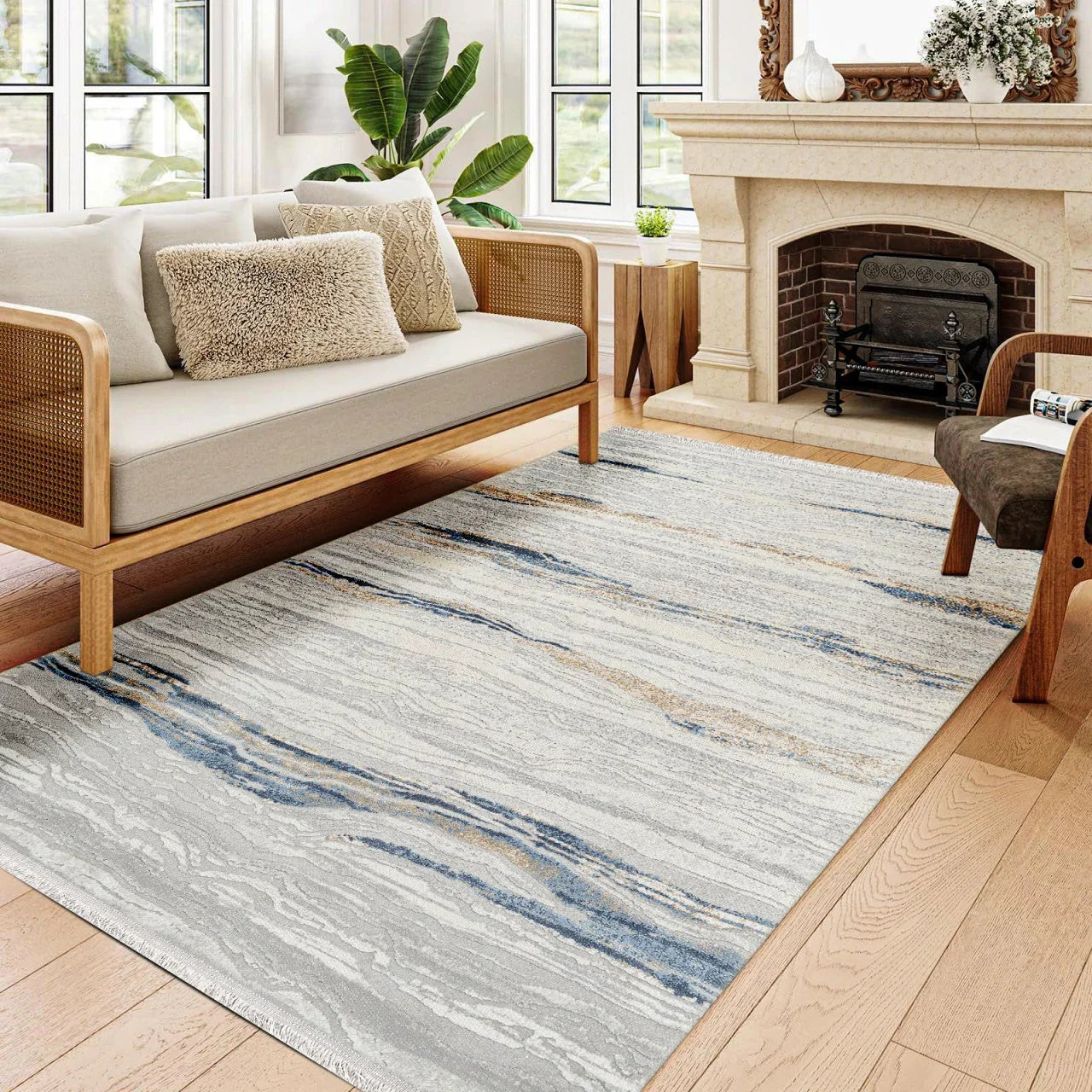 Gri Mavi Minimalist Modern Halı - Yıkanabilir - Kaymaz Taban - Pati Dostu