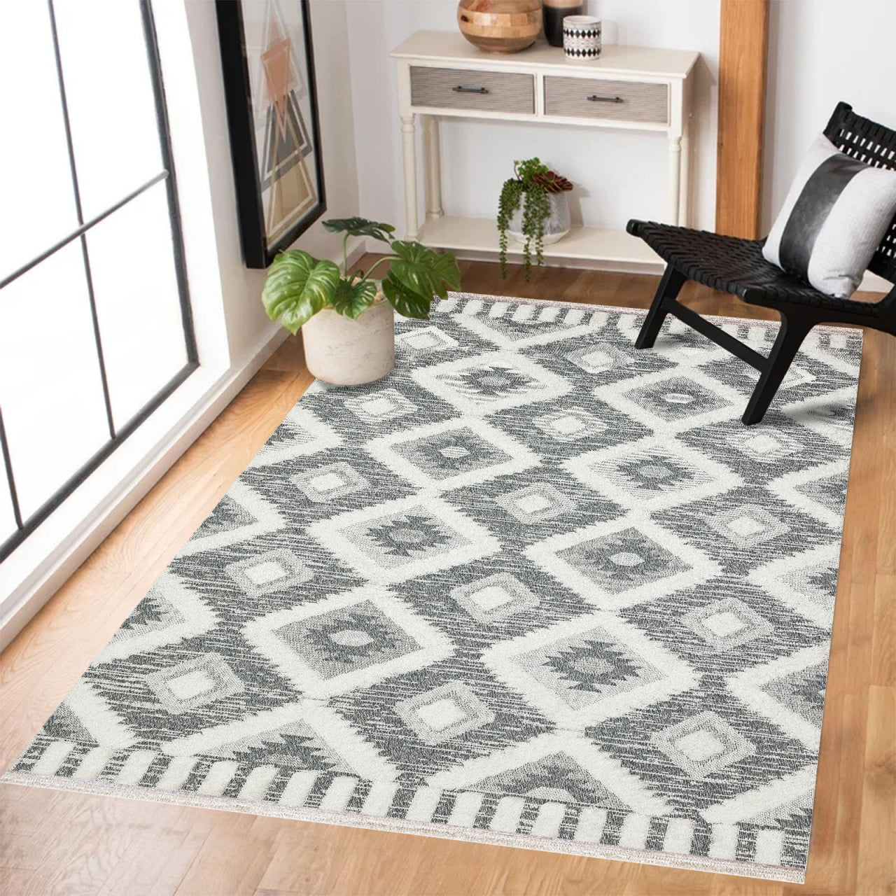 Antrasit Beyaz Baklava Geometrik Halı - Yıkanabilir - Kaymaz Taban - Pati Dostu