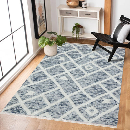 Mavi Etnik Modern Etnik Desenli Halı  | Makinada Yıkanabilir | Hav Toz Vermez | Leke Tutmayan | Kaymaz Taban | Dijital Makine Baskı | Salon Yolluk Mutfak Halısı