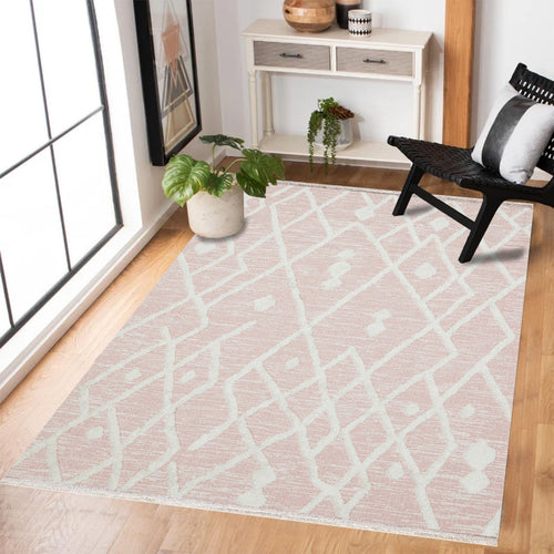 Pembe Etnik Modern Etnik Desenli Halı  | Makinada Yıkanabilir | Hav Toz Vermez | Leke Tutmayan | Kaymaz Taban | Dijital Makine Baskı | Salon Yolluk Mutfak Halısı