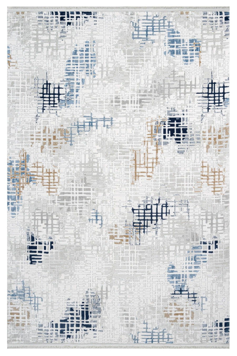 Moderner Teppich in Weiß und Blau mit abstraktem Muster – im Wohnzimmer