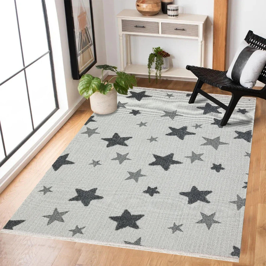 Antrasit Beyaz Geometrik Modern Halı - Yıkanabilir - Kaymaz Taban - Pati Dostu