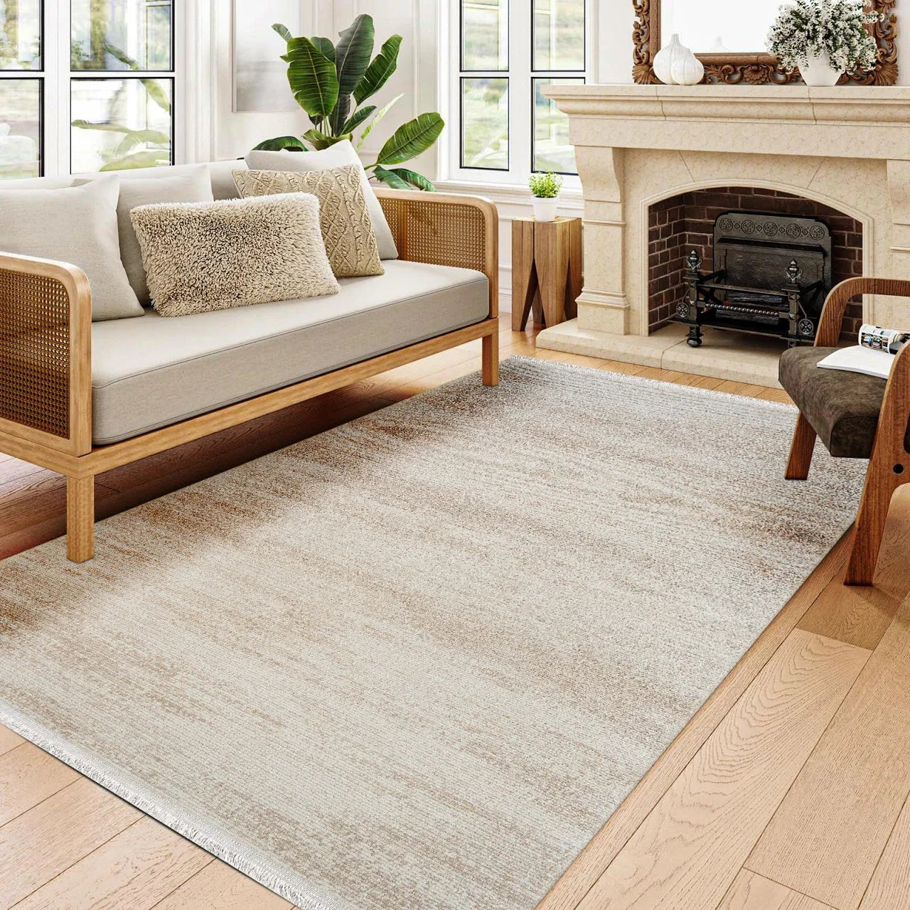 Bej Ekru Düz Minimalist Halı - Yıkanabilir - Kaymaz Taban - Pati Dostu