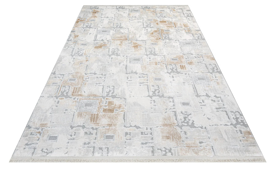 Weißer Teppich mit abstraktem Muster in Hellgrau & Beige – im Wohnzimmer