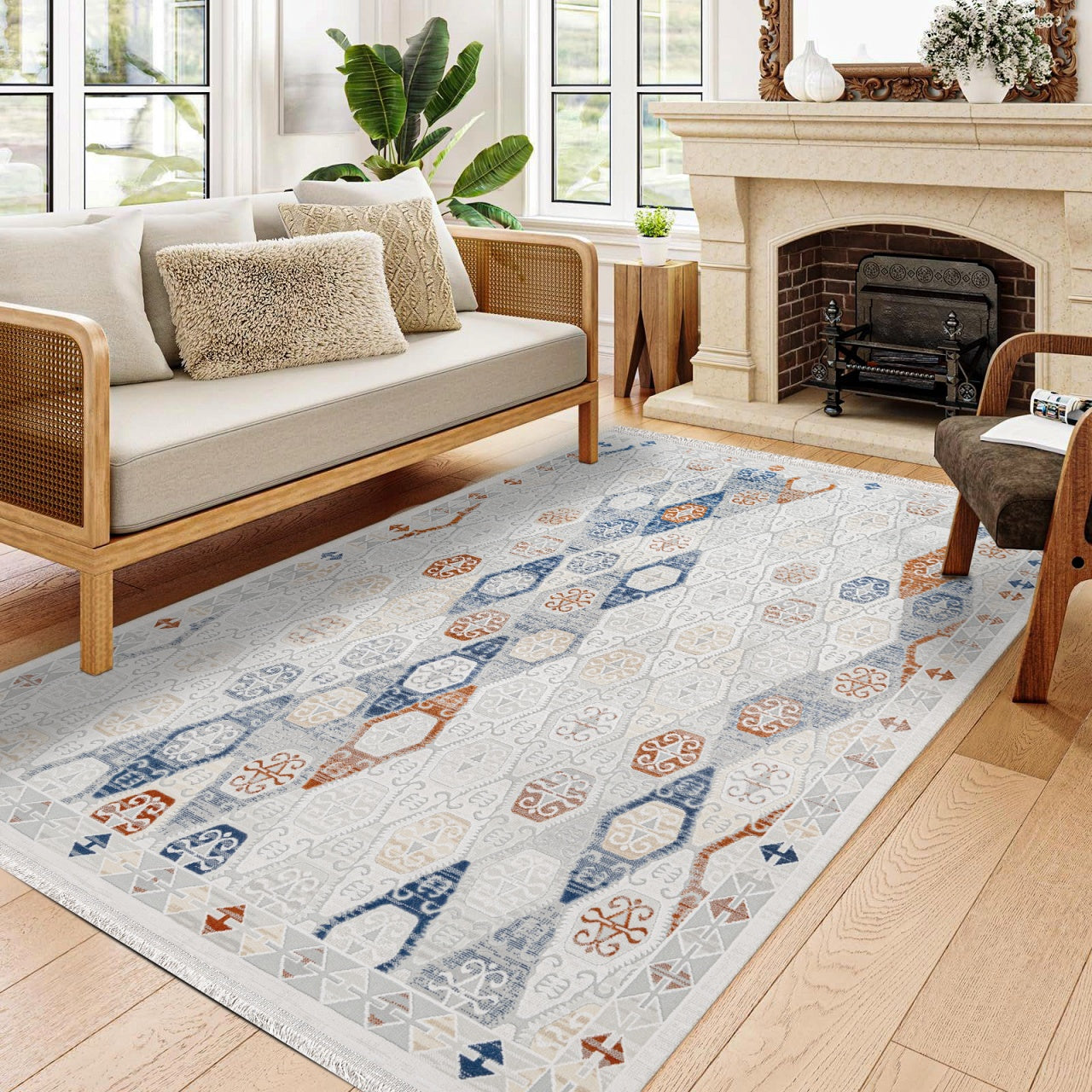 Bej Mavi Bohem Etnik Halı - Yıkanabilir - Kaymaz Taban - Pati Dostu