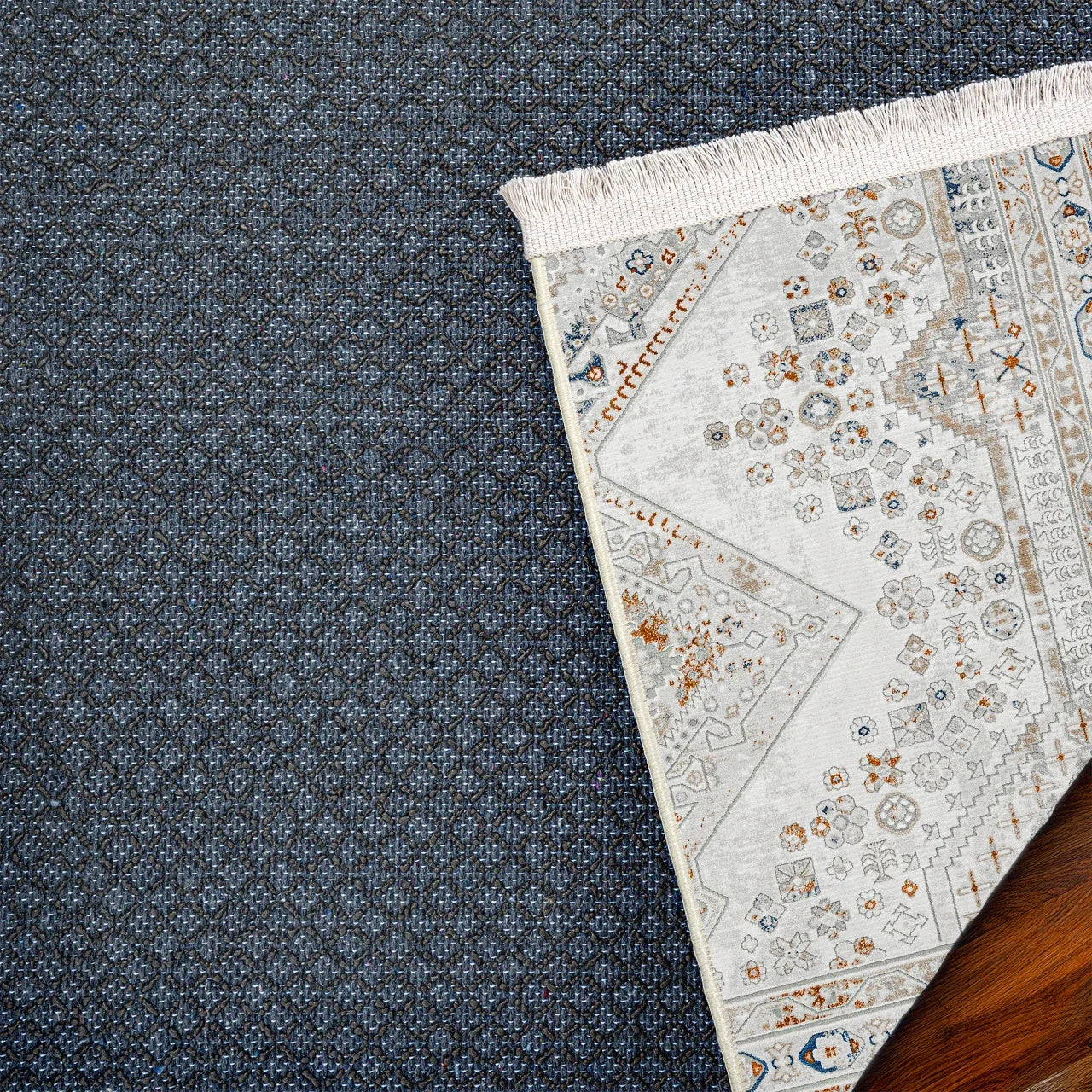 Gri Mavi Bordürlü Minimalist Halı - Yıkanabilir - Kaymaz Taban - Pati Dostu