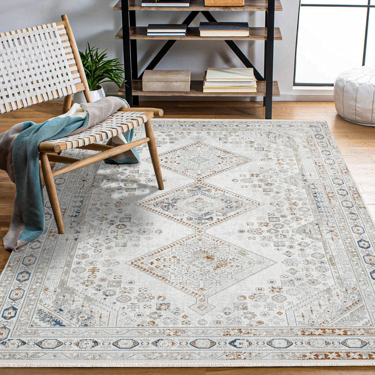 Gri Mavi Bordürlü Minimalist Halı - Yıkanabilir - Kaymaz Taban - Pati Dostu