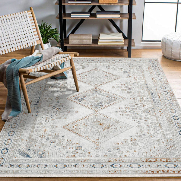 Gri Mavi Bordürlü Minimalist Halı - Yıkanabilir - Kaymaz Taban - Pati Dostu
