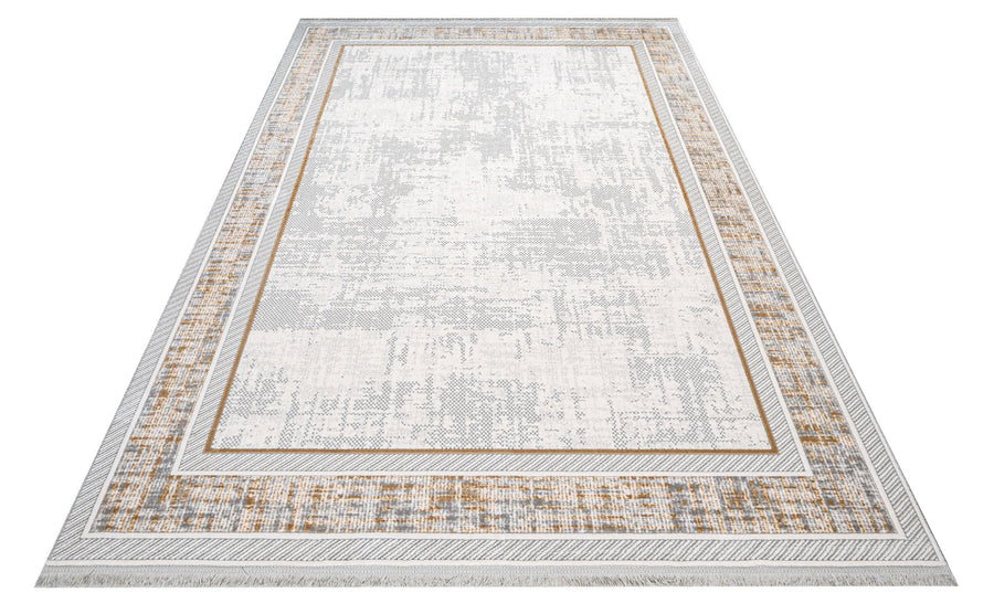 White and Grey Geometric Area Rug with Distressed Look – in the living room