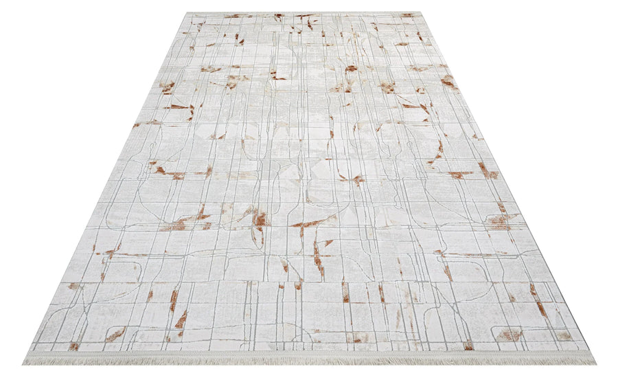 Weißer Teppich mit abstraktem Muster in Braun & Beige – im Wohnzimmer