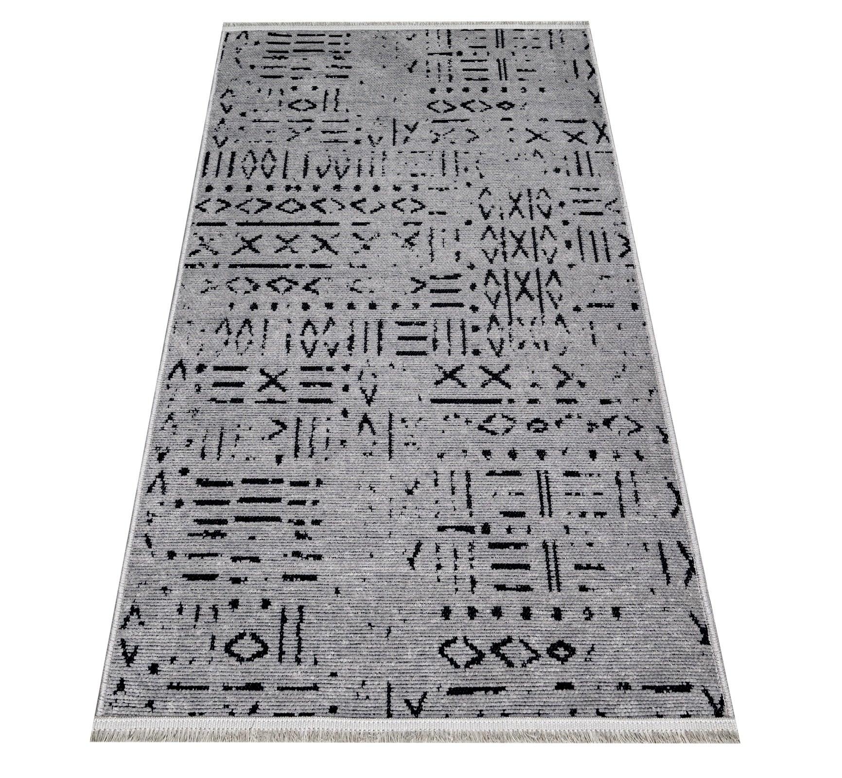 Gri Dokulu Geometrik Triko Halı - Pati Dostu - Toz Vermez