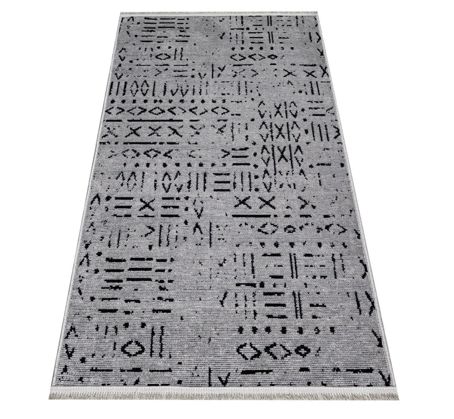 Gri Dokulu Geometrik Triko Halı - Pati Dostu - Toz Vermez