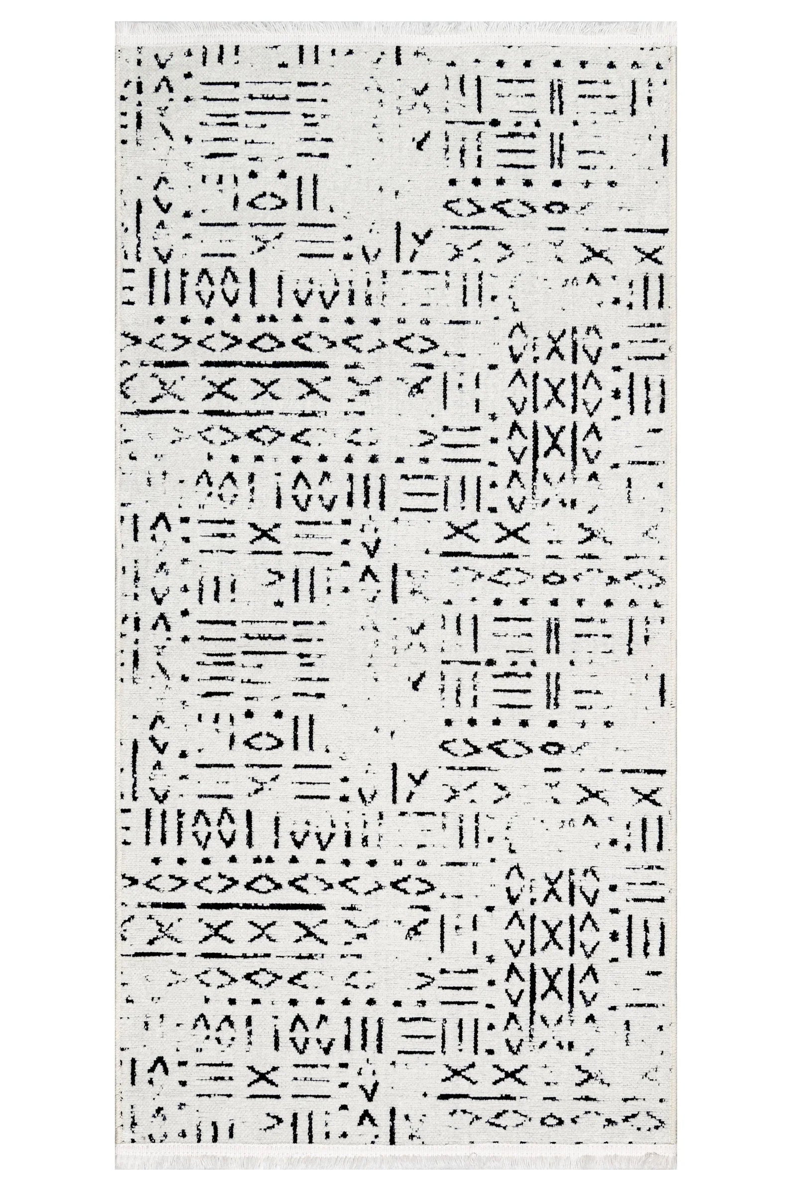 Beyaz Gri Geometrik Minimalist Desenli Triko Halı - Pati Dostu - Toz Vermez