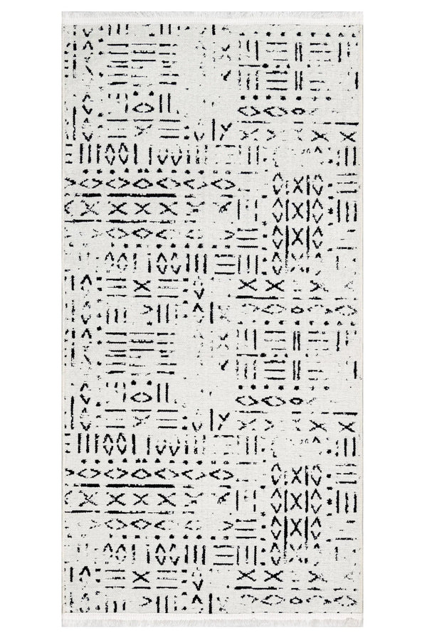 Beyaz Gri Geometrik Minimalist Desenli Triko Halı - Pati Dostu - Toz Vermez