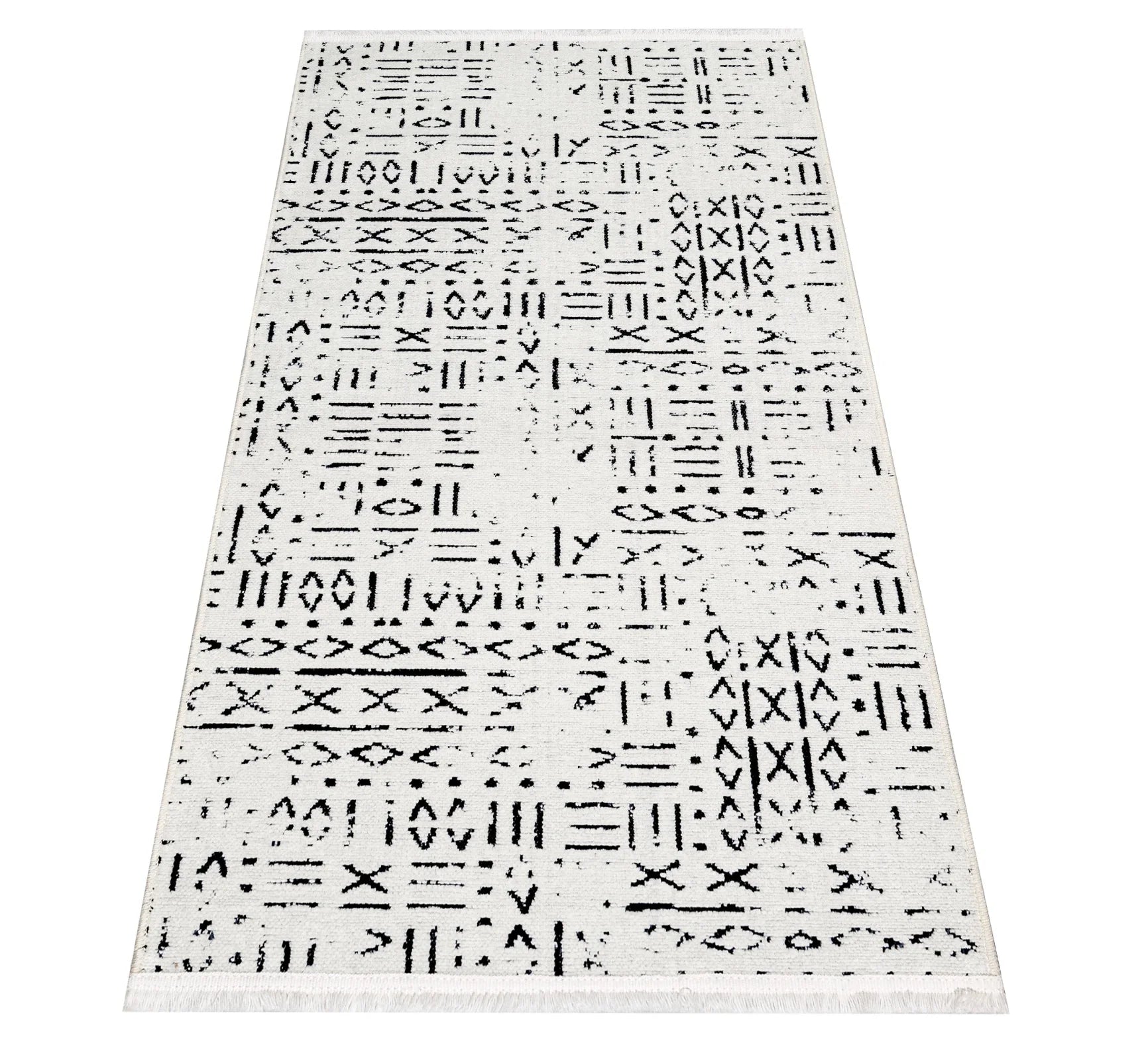 Beyaz Gri Geometrik Minimalist Desenli Triko Halı - Pati Dostu - Toz Vermez