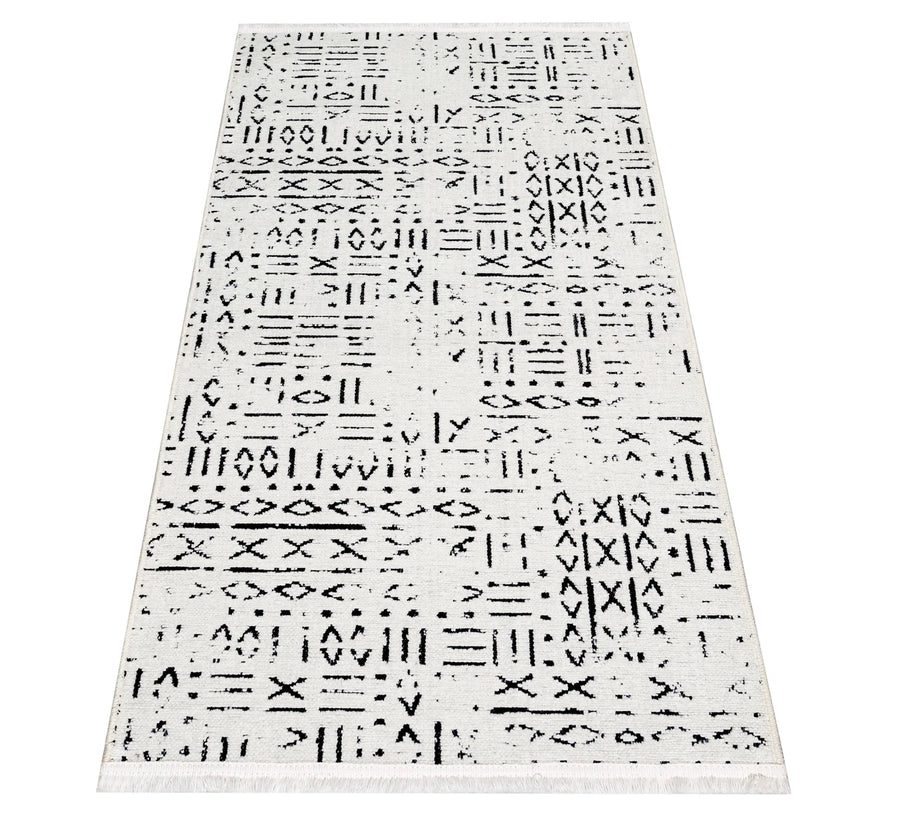 Beyaz Gri Geometrik Minimalist Desenli Triko Halı - Pati Dostu - Toz Vermez