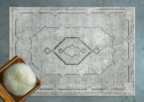 Gri Göbekli Modern Etnik Desenli Halı  | Makinada Yıkanabilir | Hav Toz Vermez | Leke Tutmayan | Kaymaz Taban | Dijital Makine Baskı | Salon Yolluk Mutfak Halısı