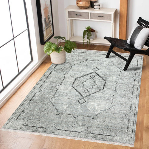 Gri Göbekli Modern Etnik Desenli Halı  | Makinada Yıkanabilir | Hav Toz Vermez | Leke Tutmayan | Kaymaz Taban | Dijital Makine Baskı | Salon Yolluk Mutfak Halısı