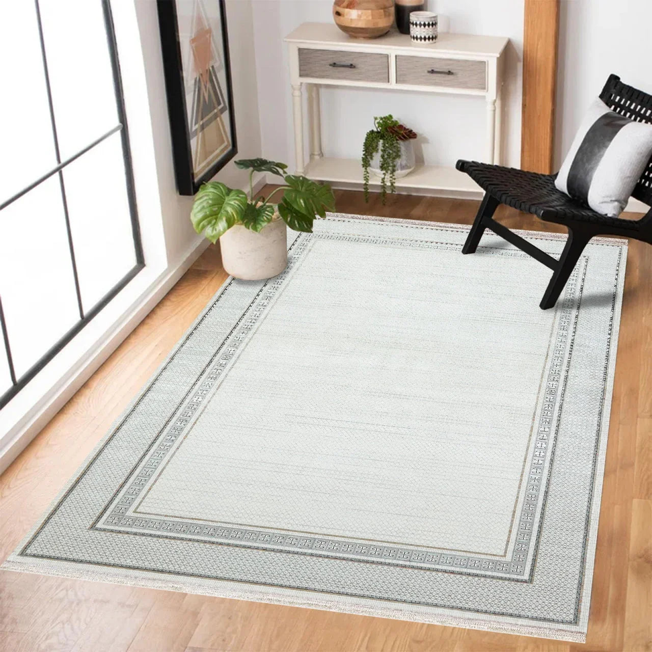 Beyaz Gri Modern Sade Halı - Yıkanabilir - Kaymaz Taban - Pati Dostu