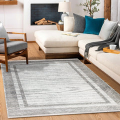 Gri Çerçeveli Modern Etnik Desenli Halı  | Makinada Yıkanabilir | Hav Toz Vermez | Leke Tutmayan | Kaymaz Taban | Dijital Makine Baskı | Salon Yolluk Mutfak Halısı