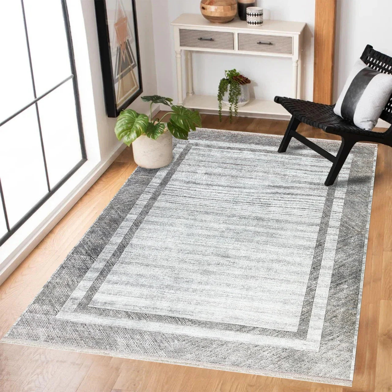 Beyaz Gri Eskitme Modern Halı - Yıkanabilir - Kaymaz Taban - Pati Dostu