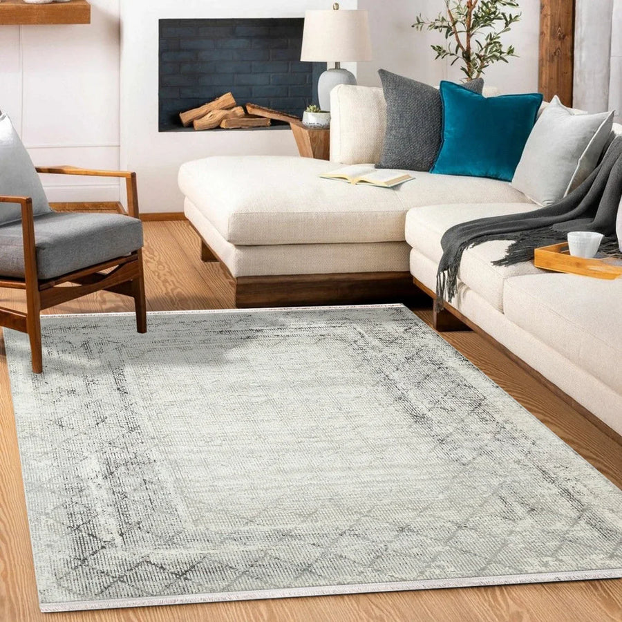 Gri Krem Eskitme Modern Halı - Yıkanabilir - Kaymaz Taban - Pati Dostu