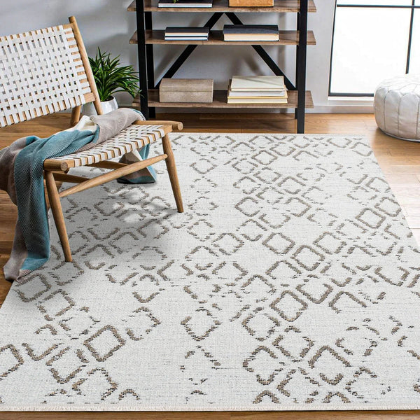 Beyaz Gri Dokulu Geometrik Halı - Yıkanabilir - Kaymaz Taban - Pati Dostu