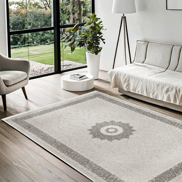 Antrasit Gri Madalyonlu Minimalist Halı - Yıkanabilir - Kaymaz Taban - Pati Dostu