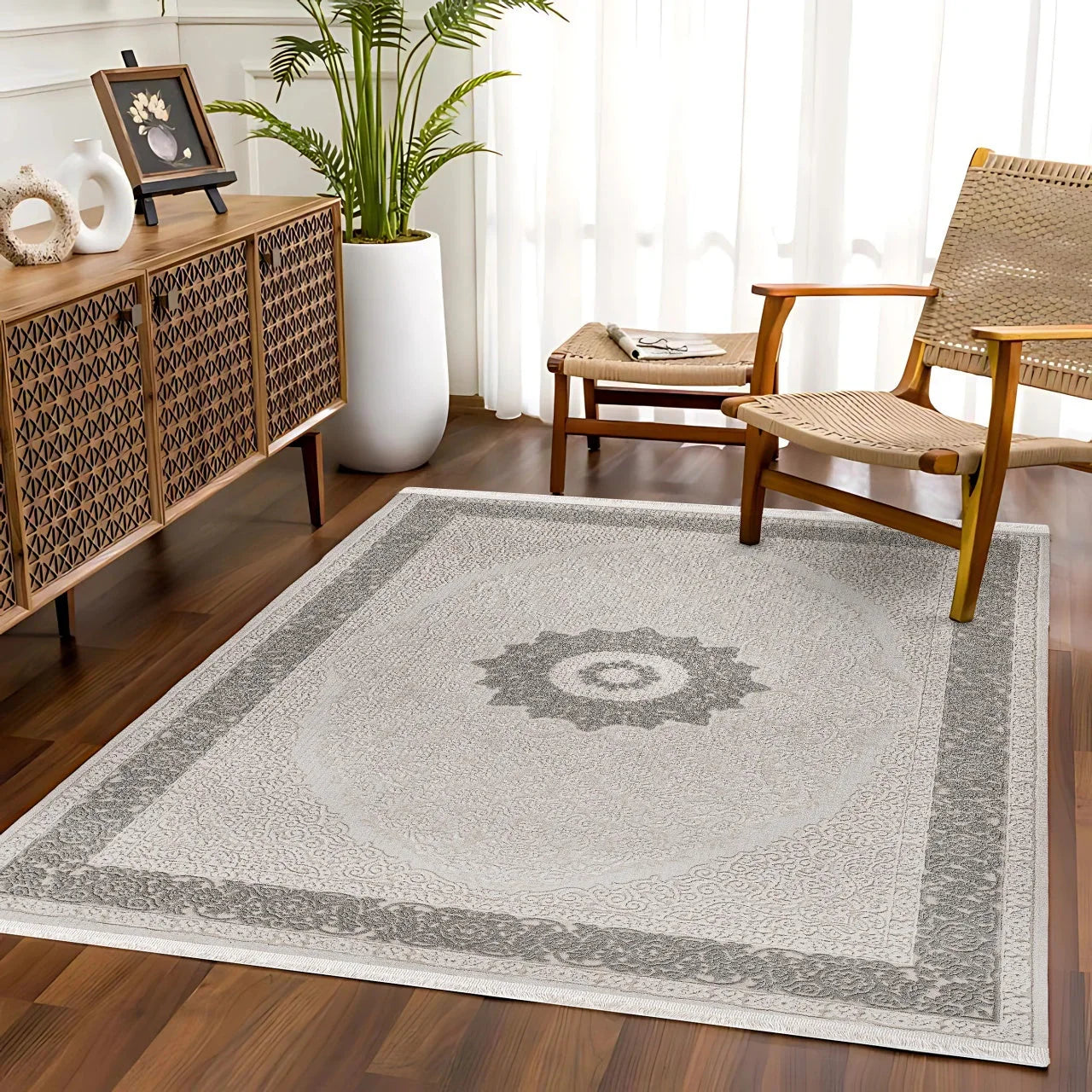 Antrasit Gri Madalyonlu Minimalist Halı - Yıkanabilir - Kaymaz Taban - Pati Dostu
