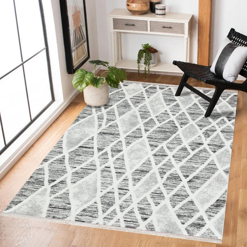 Gri Geometrik Modern Etnik Desenli Halı  | Makinada Yıkanabilir | Hav Toz Vermez | Leke Tutmayan | Kaymaz Taban | Dijital Makine Baskı | Salon Yolluk Mutfak Halısı