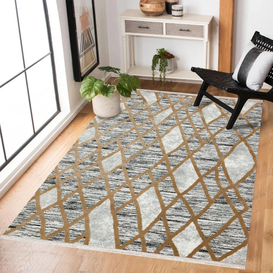 Gri Vizon Baklava Geometrik Halı - Yıkanabilir - Kaymaz Taban - Pati Dostu