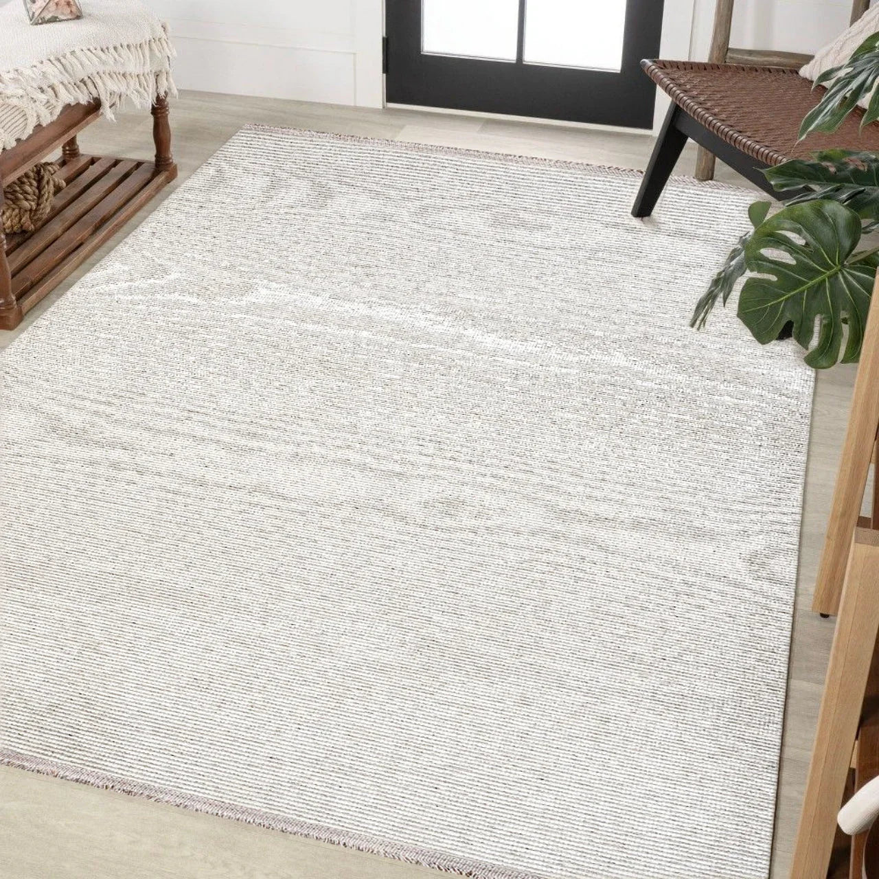 Bej Beyaz Dokulu Minimalist Halı - Yıkanabilir - Kaymaz Taban - Pati Dostu