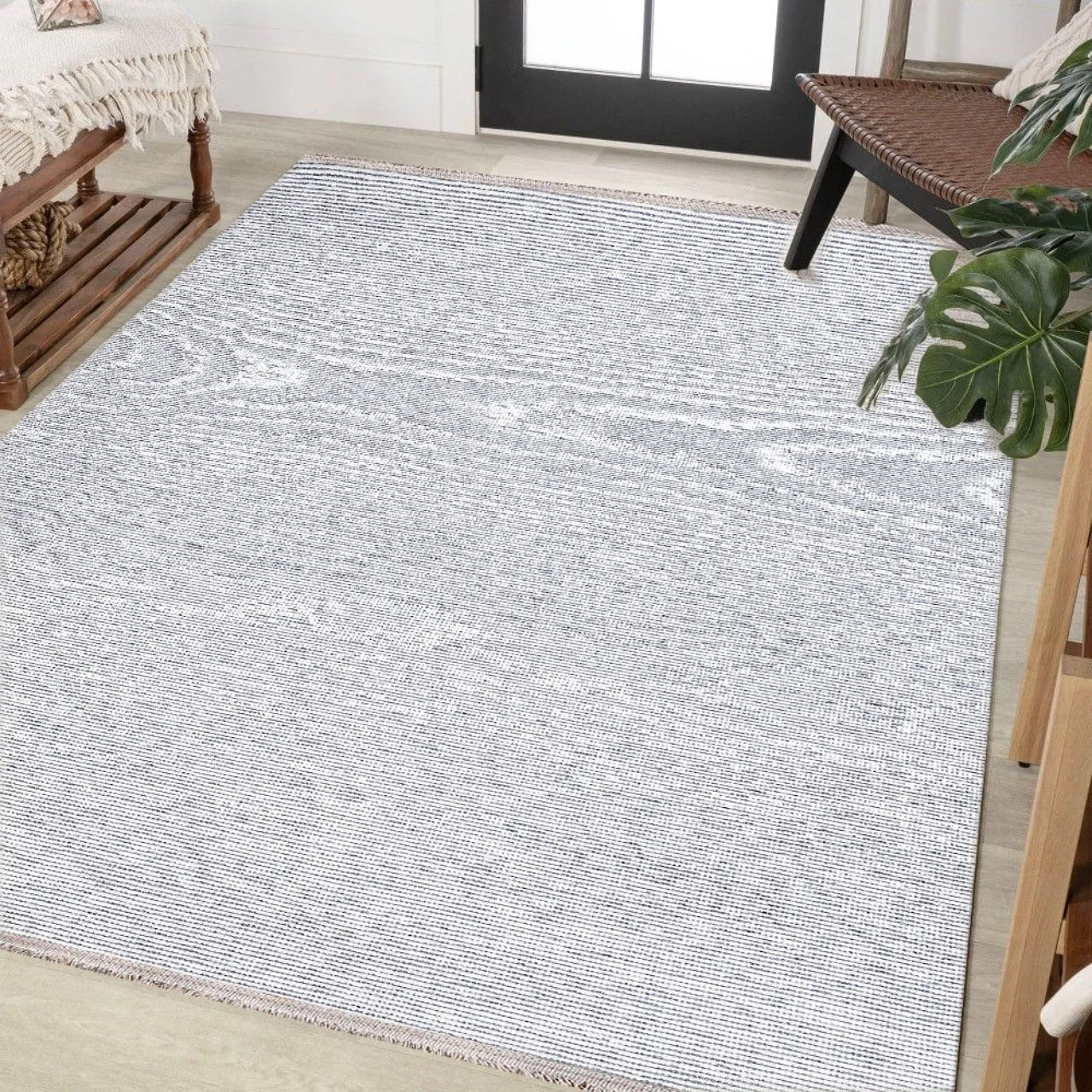 Beyaz Gri Dokulu Minimalist Halı - Yıkanabilir - Kaymaz Taban - Pati Dostu