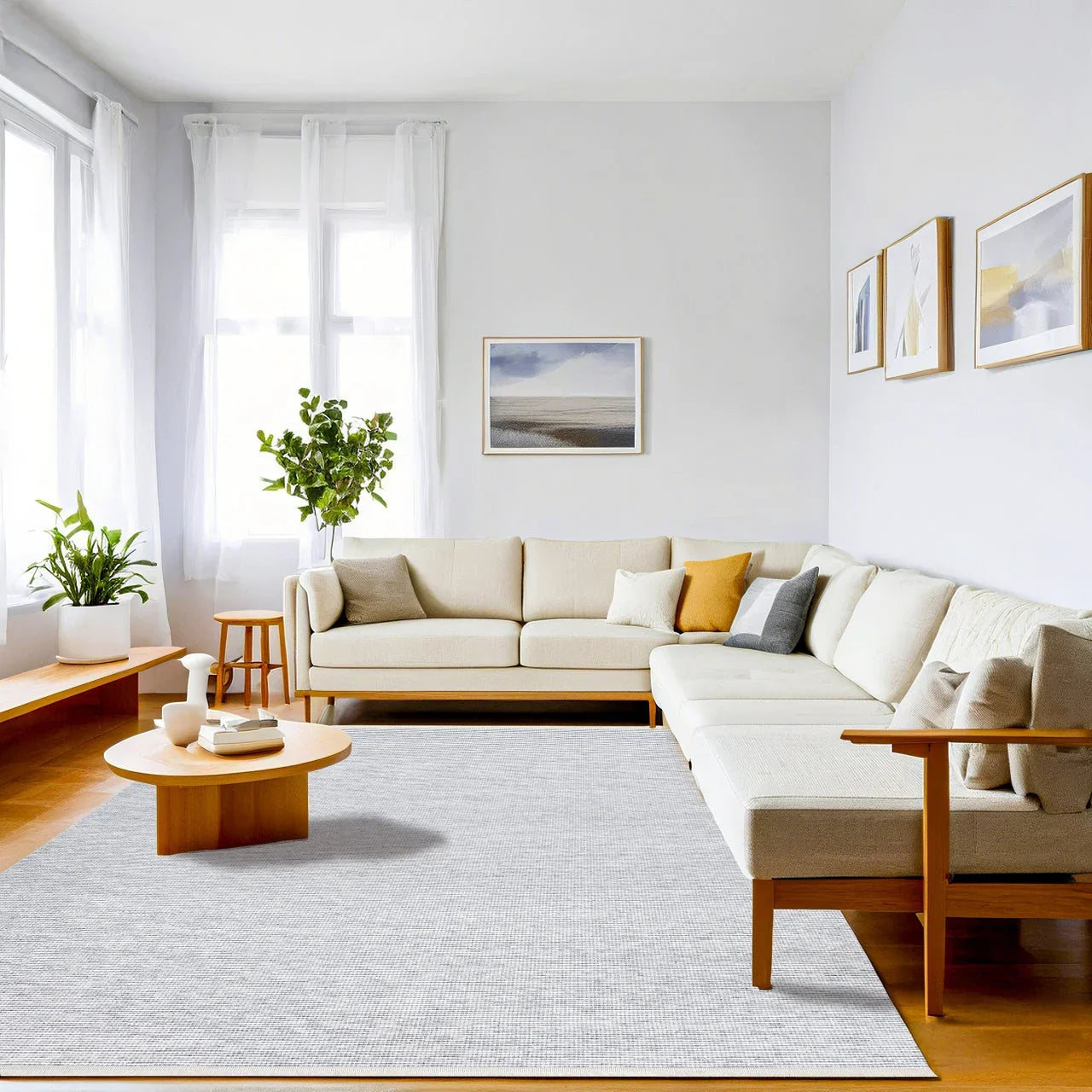 Beyaz Gri Dokulu Minimalist Halı - Yıkanabilir - Kaymaz Taban - Pati Dostu