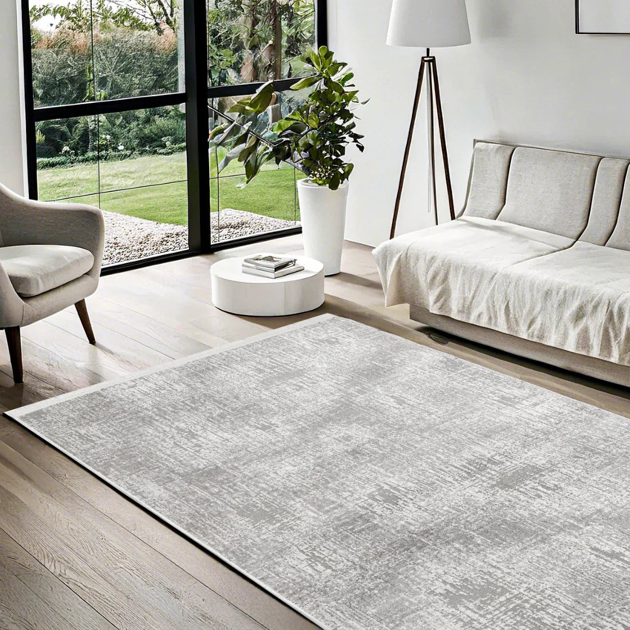 Beyaz Gri Dokulu Minimalist Halı - Yıkanabilir - Kaymaz Taban - Pati Dostu