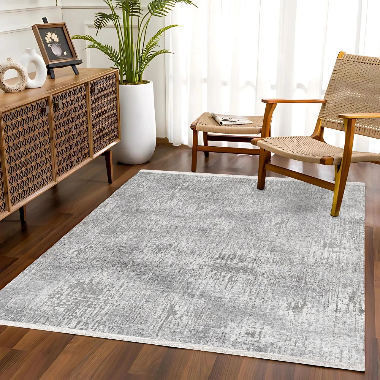 Beyaz Gri Dokulu Minimalist Halı - Yıkanabilir - Kaymaz Taban - Pati Dostu