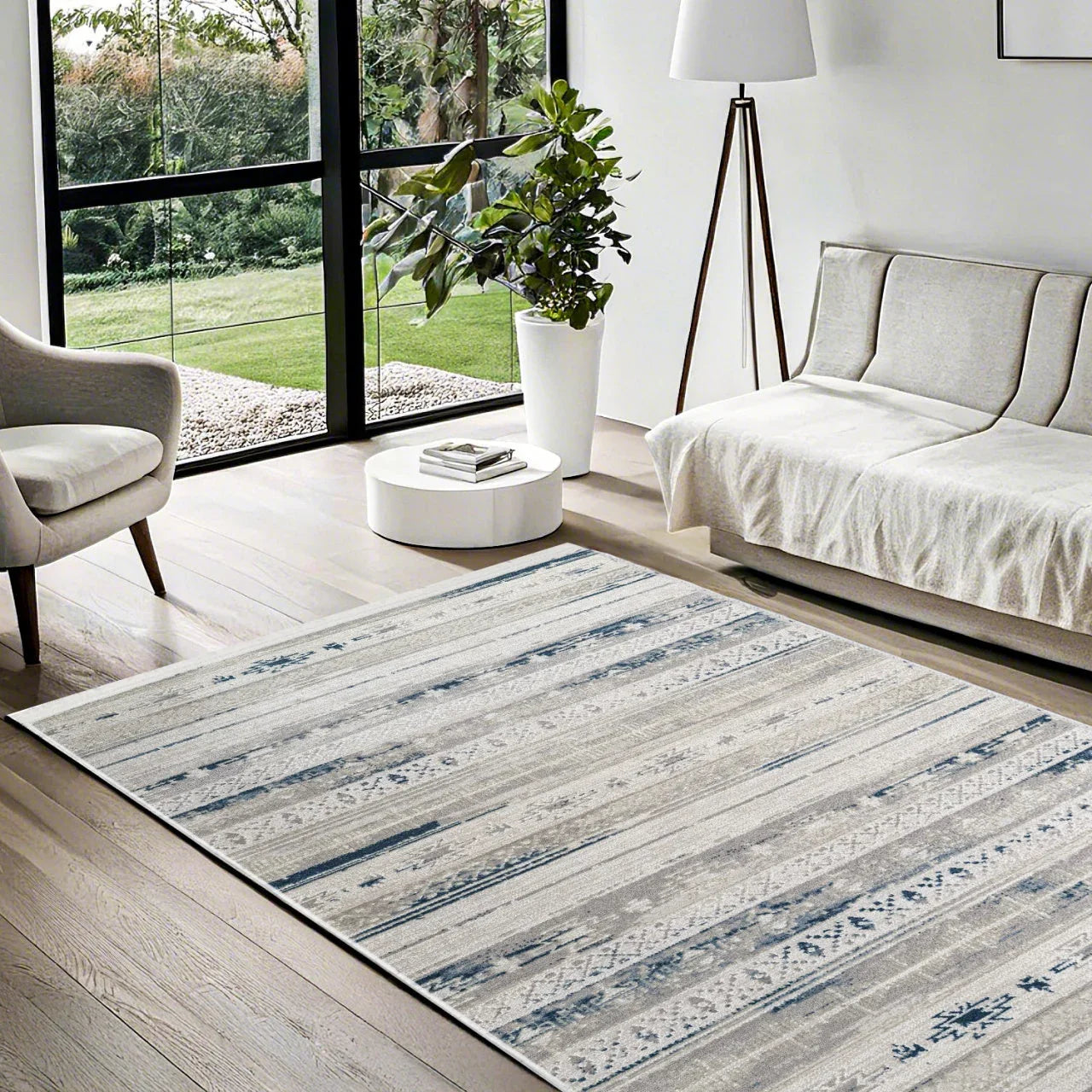 Beyaz Mavi Bohem Modern Halı - Yıkanabilir - Kaymaz Taban - Pati Dostu
