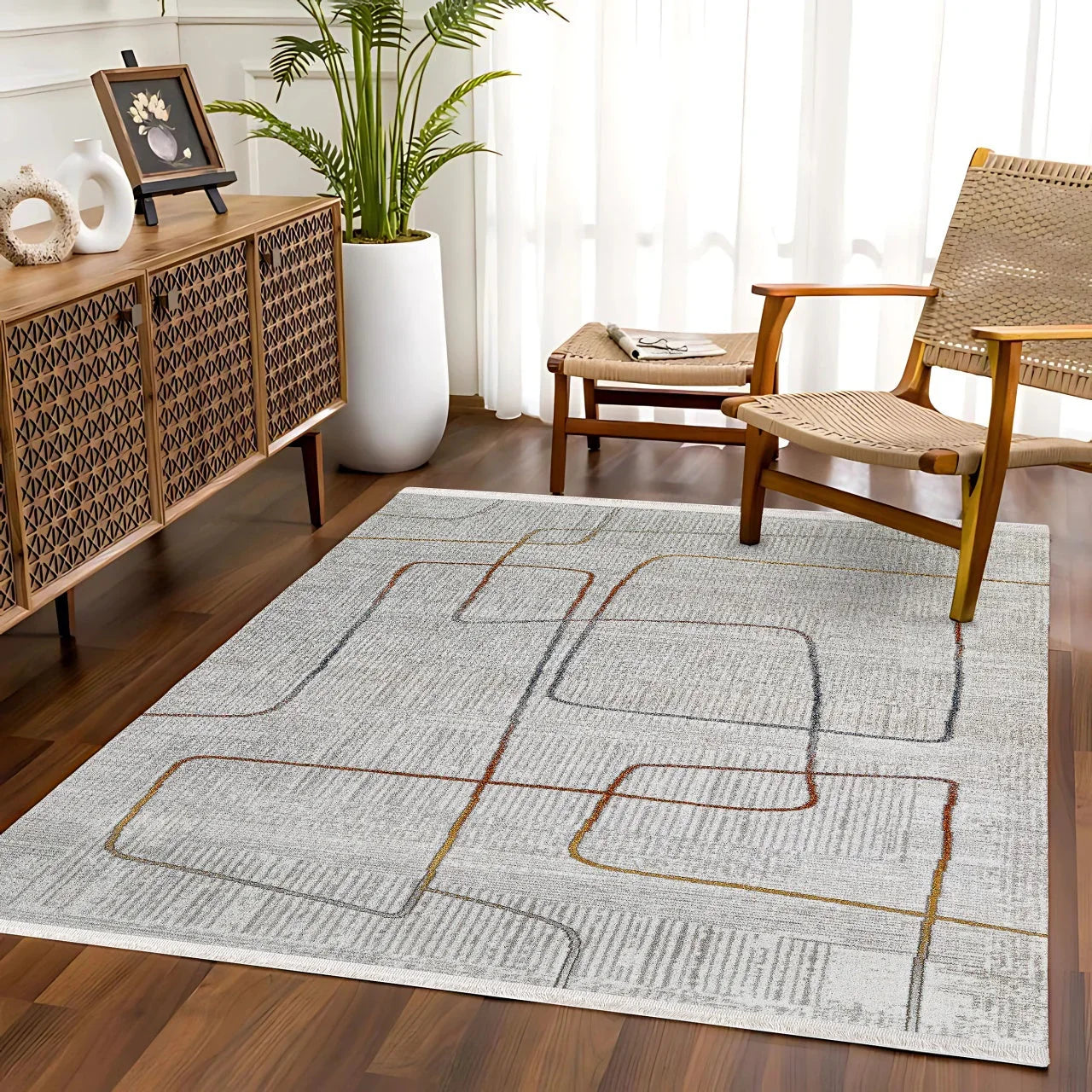 Gri Bohem Geometrik Halı - Yıkanabilir - Kaymaz Taban - Pati Dostu