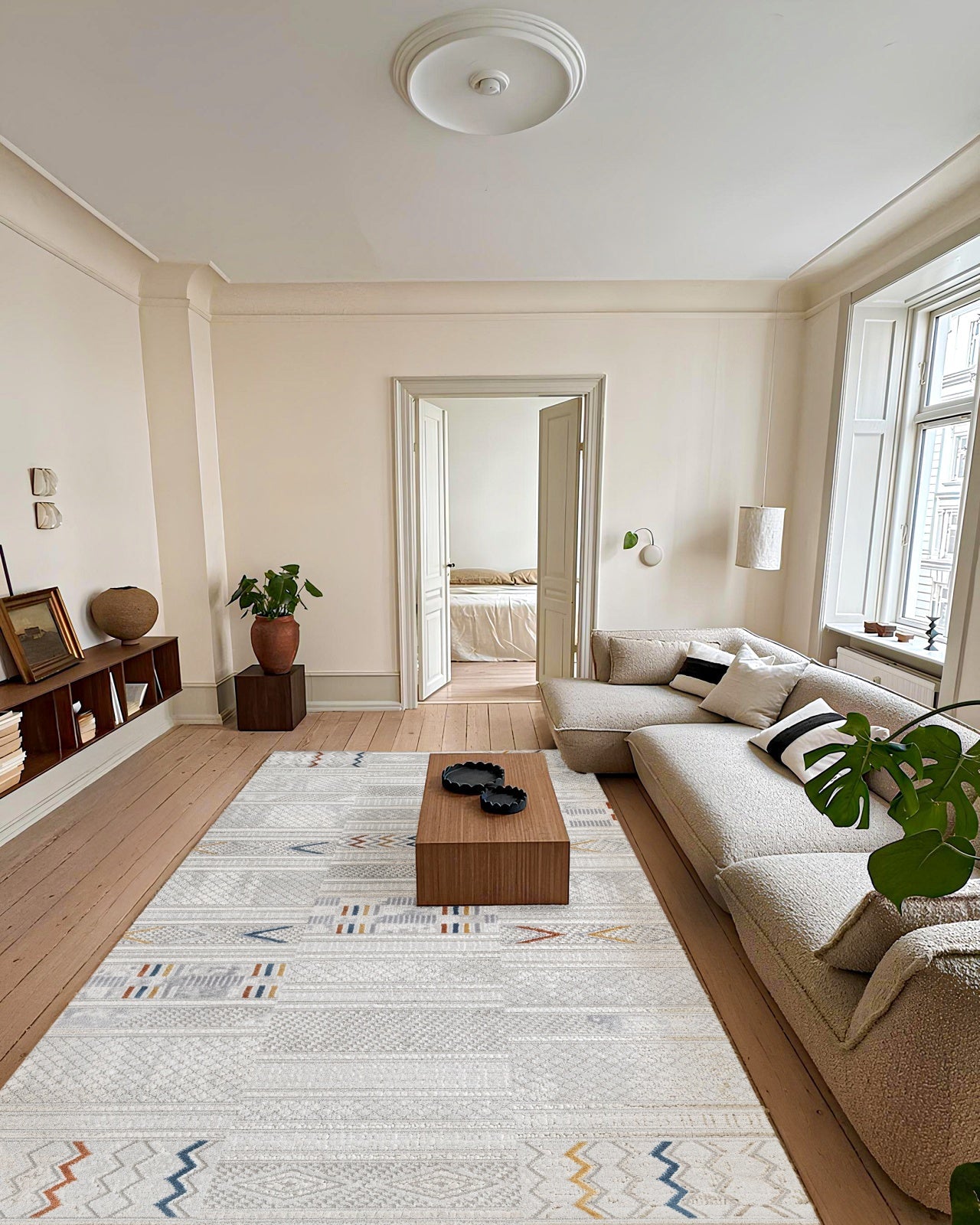 Bej Gri Bohem Etnik Halı - Yıkanabilir - Kaymaz Taban - Pati Dostu