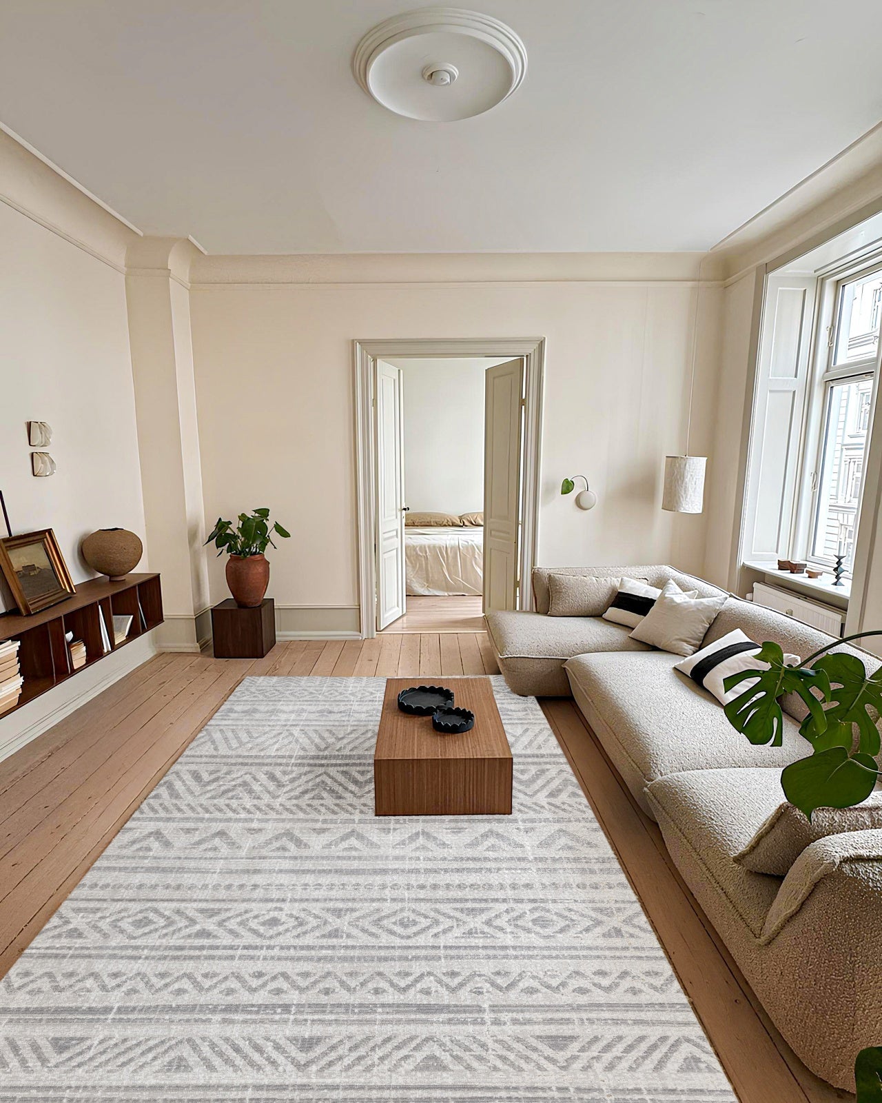 Beyaz Gri Geometrik Minimalist Halı - Yıkanabilir - Kaymaz Taban - Pati Dostu