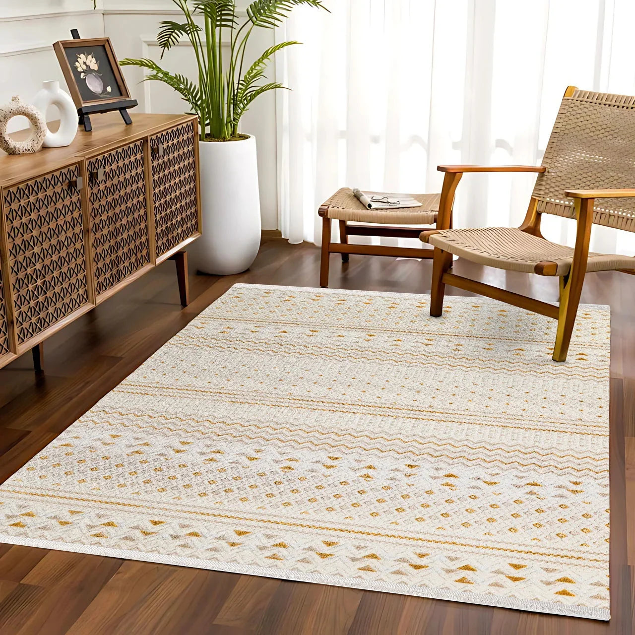 Bej Krem Minimalist Modern Halı - Yıkanabilir - Kaymaz Taban - Pati Dostu