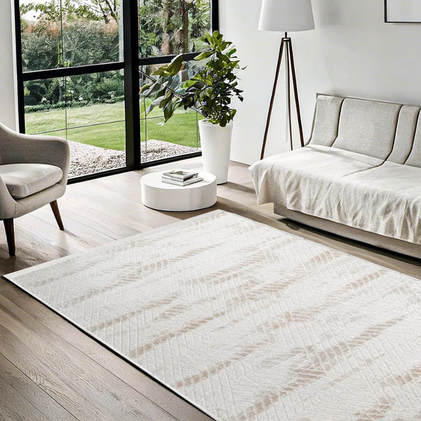 Beyaz Ekru Minimalist Modern Halı - Yıkanabilir - Kaymaz Taban - Pati Dostu