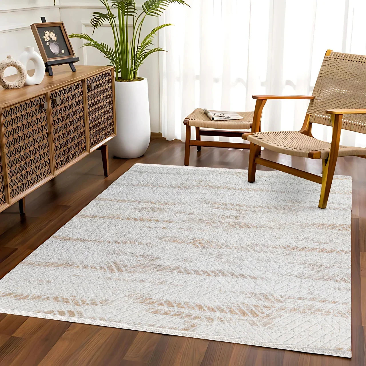 Beyaz Ekru Minimalist Modern Halı - Yıkanabilir - Kaymaz Taban - Pati Dostu