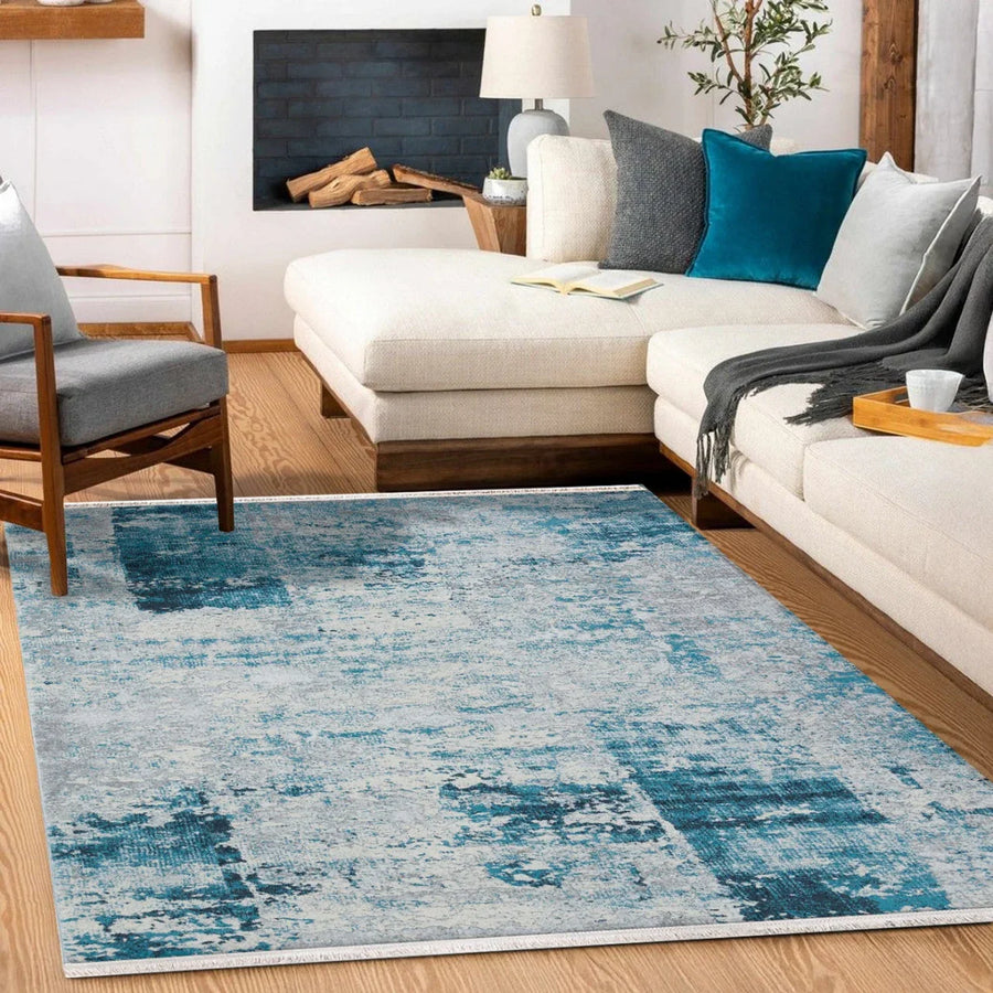 Beyaz Mavi Eskitme Modern Halı - Yıkanabilir - Kaymaz Taban - Pati Dostu