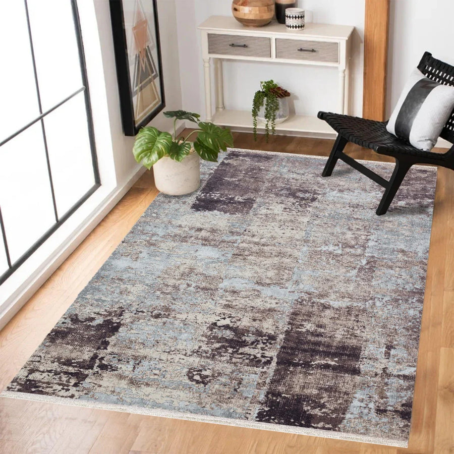 Gri Vizon Eskitme Modern Halı - Yıkanabilir - Kaymaz Taban - Pati Dostu