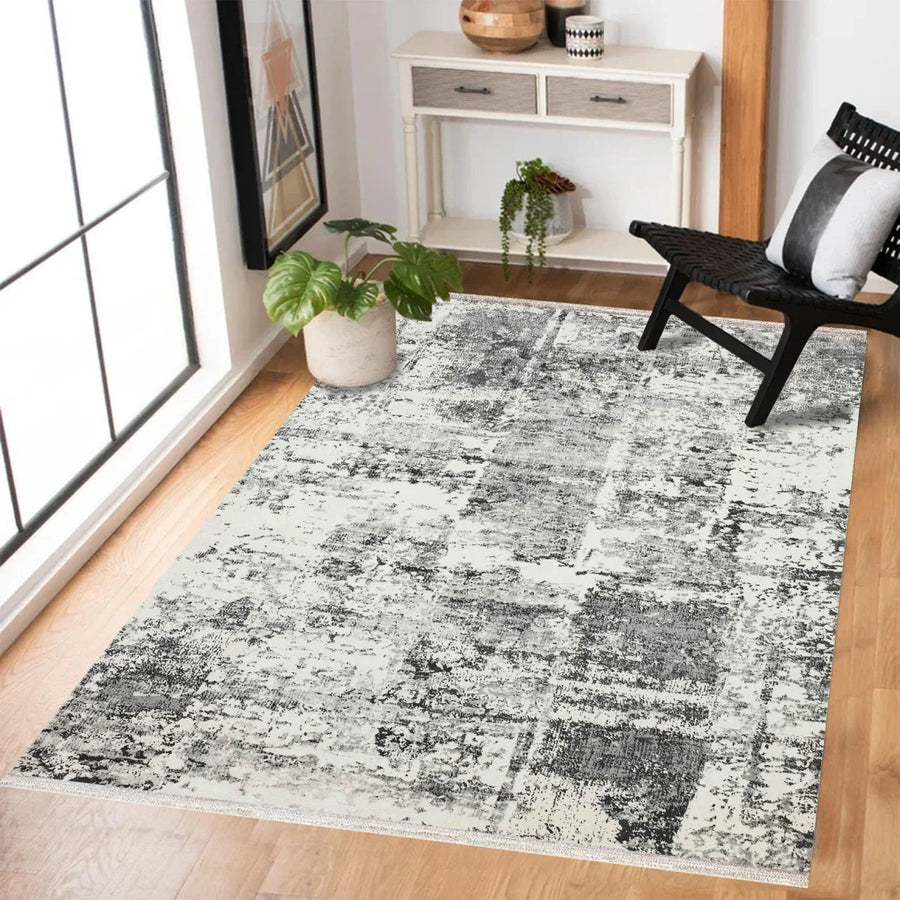 Antrasit Gri Eskitme Modern Halı - Yıkanabilir - Kaymaz Taban - Pati Dostu
